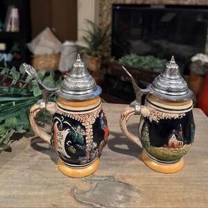 2 Vintage 1/8 Liter Albert Jacob Thewalt Lidded Beer Stein, Western Germany, 6"